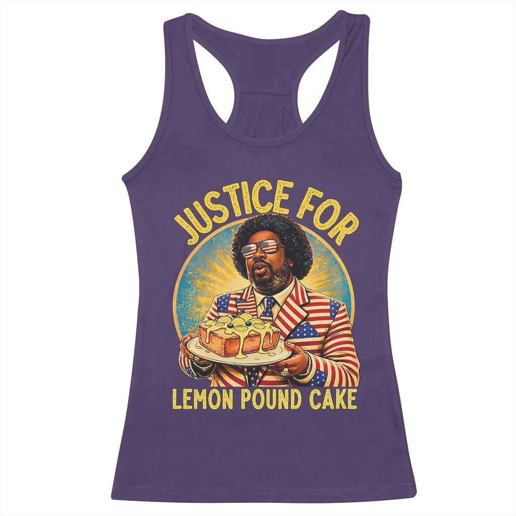 Justice for Lemon Pound Cake Patriotic Meme Racerback Tank Top Funny Viral Hip Hop Parody for Music Rap Fans