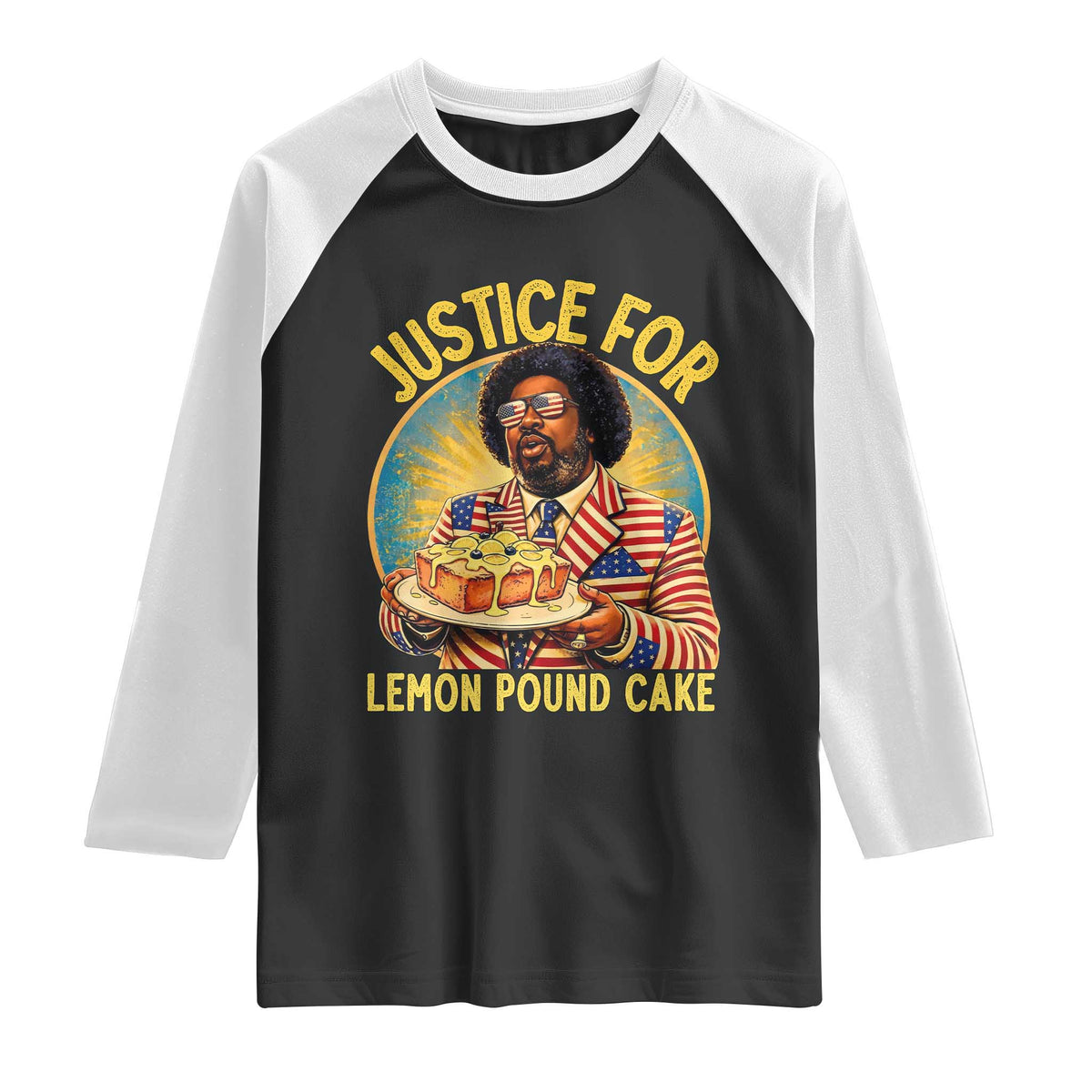 Justice for Lemon Pound Cake Patriotic Meme Raglan Shirt Funny Viral Hip Hop Parody for Music Rap Fans