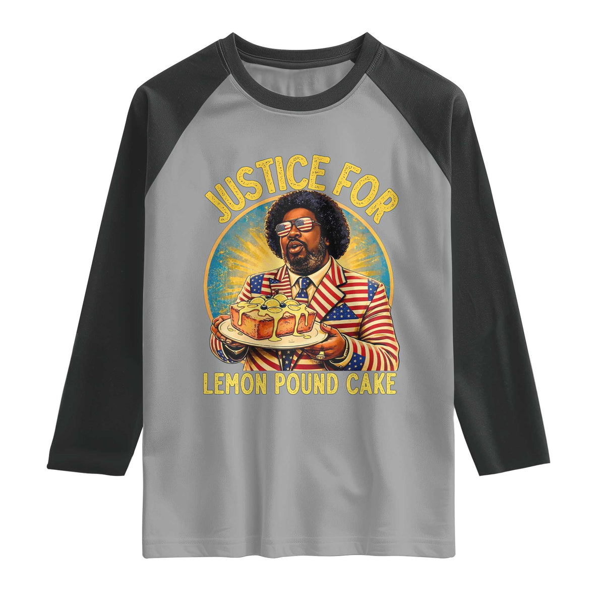 Justice for Lemon Pound Cake Patriotic Meme Raglan Shirt Funny Viral Hip Hop Parody for Music Rap Fans