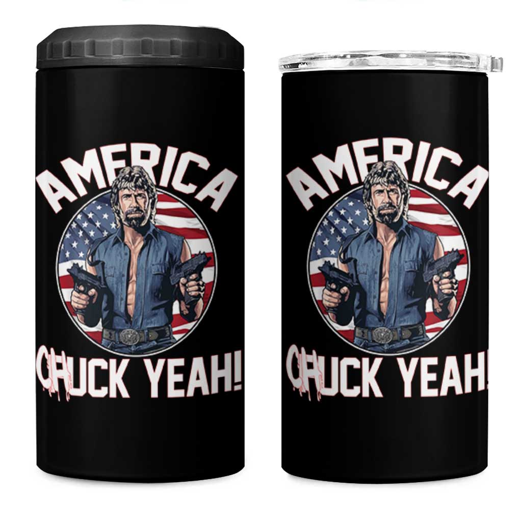America Chuck Yeah Legendary Action Hero 4 in 1 Can Cooler Tumbler Patriotic USA Flag Tribute 4th of July Freedom Humor