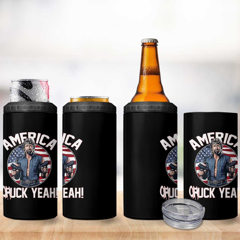 America Chuck Yeah Legendary Action Hero 4 in 1 Can Cooler Tumbler Patriotic USA Flag Tribute 4th of July Freedom Humor