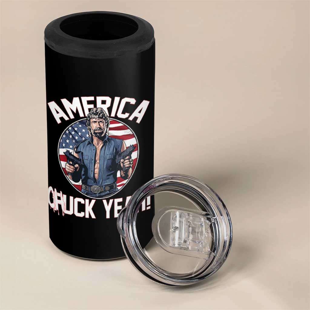 America Chuck Yeah Legendary Action Hero 4 in 1 Can Cooler Tumbler Patriotic USA Flag Tribute 4th of July Freedom Humor