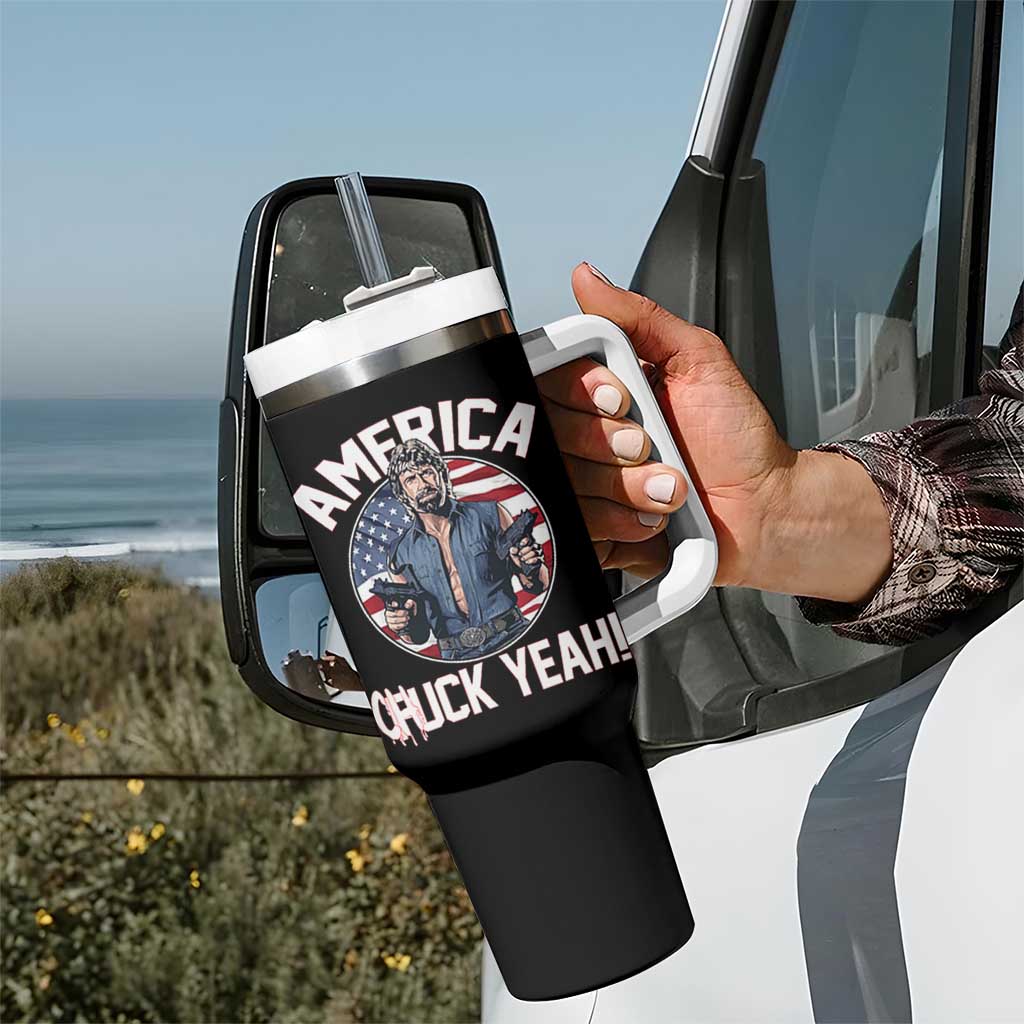 America Chuck Yeah Legendary Action Hero Tumbler With Handle Patriotic USA Flag Tribute 4th of July Freedom Humor