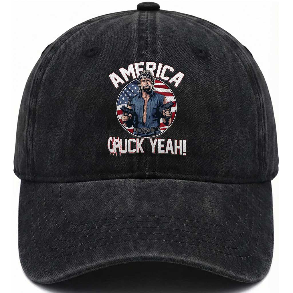 America Chuck Yeah Legendary Action Hero Washed Cotton Baseball Cap Patriotic USA Flag Tribute 4th of July Freedom Humor