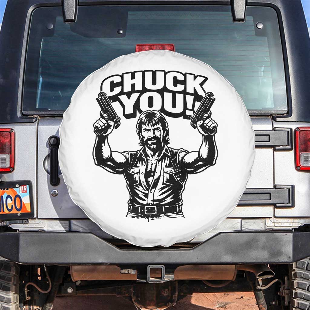 Chuck You Funny Action Legend Spare Tire Cover Tough Guy Meme Dual Guns Retro Humor for Patriotic Fans
