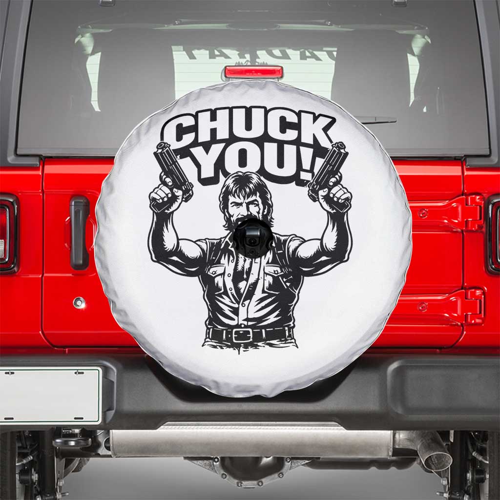 Chuck You Funny Action Legend Spare Tire Cover Tough Guy Meme Dual Guns Retro Humor for Patriotic Fans