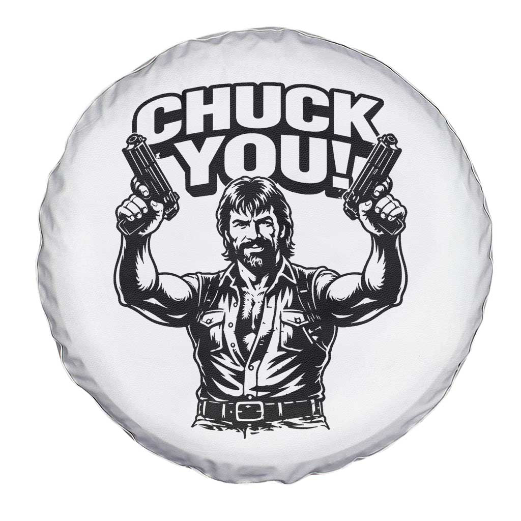 Chuck You Funny Action Legend Spare Tire Cover Tough Guy Meme Dual Guns Retro Humor for Patriotic Fans