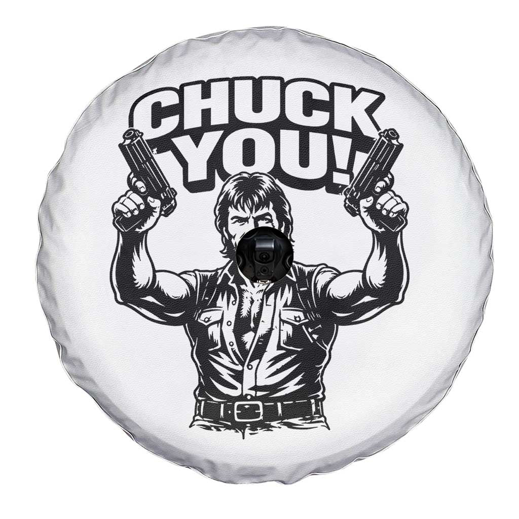 Chuck You Funny Action Legend Spare Tire Cover Tough Guy Meme Dual Guns Retro Humor for Patriotic Fans