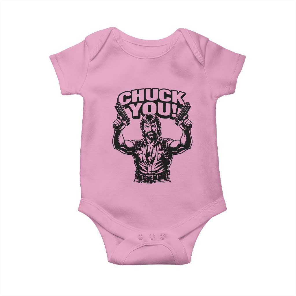 Chuck You Funny Action Legend Baby Onesie Tough Guy Meme Dual Guns Retro Humor for Patriotic Fans