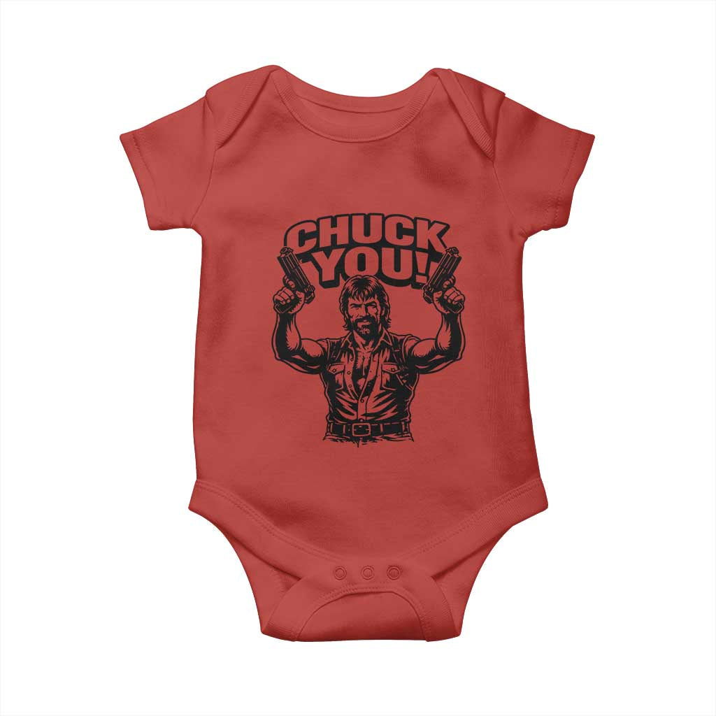 Chuck You Funny Action Legend Baby Onesie Tough Guy Meme Dual Guns Retro Humor for Patriotic Fans