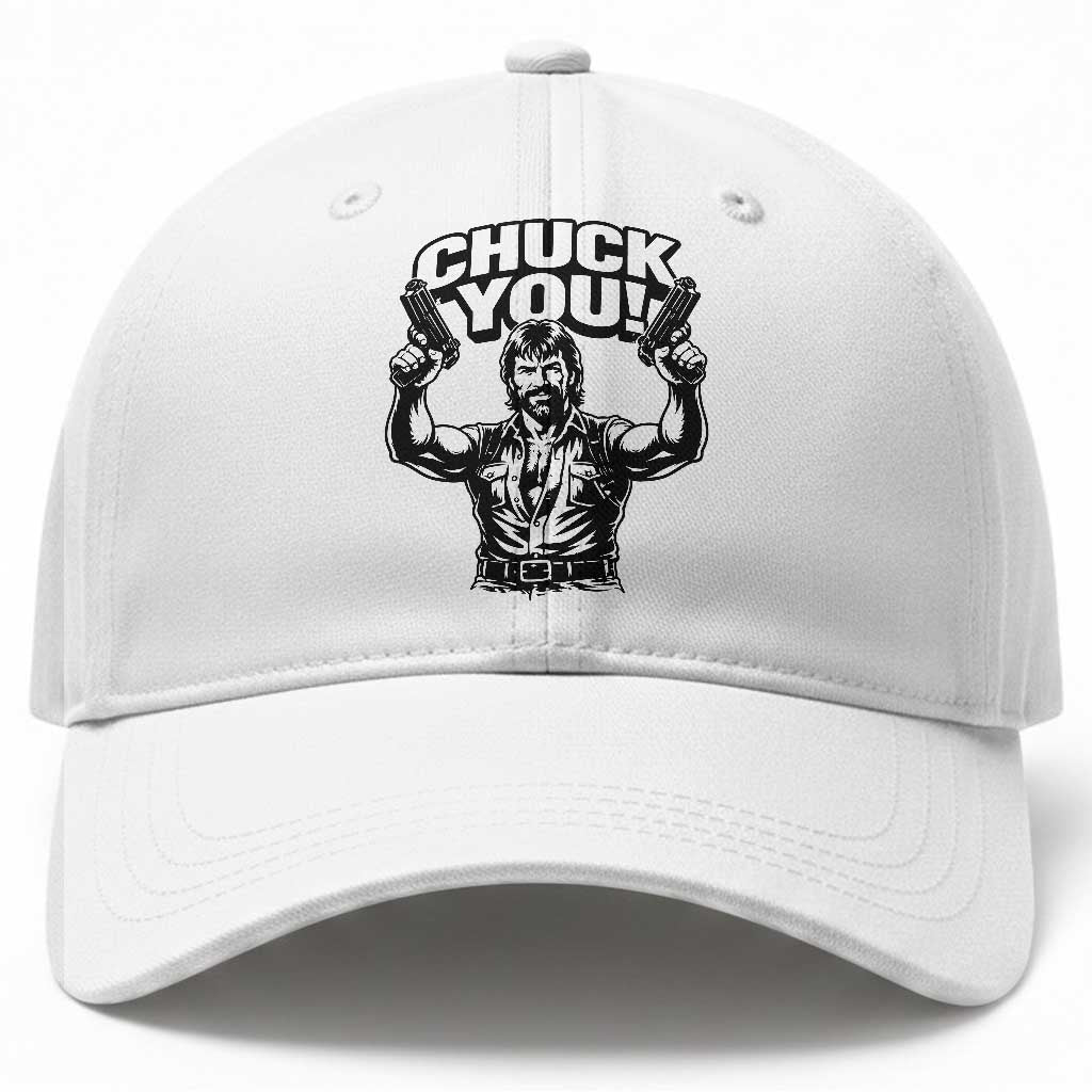 Chuck You Funny Action Legend Baseball Cap Tough Guy Meme Dual Guns Retro Humor for Patriotic Fans