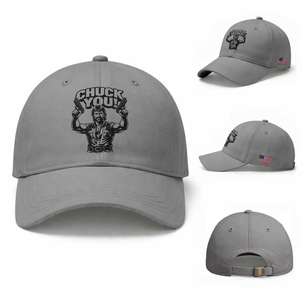 Chuck You Funny Action Legend Baseball Cap Tough Guy Meme Dual Guns Retro Humor for Patriotic Fans