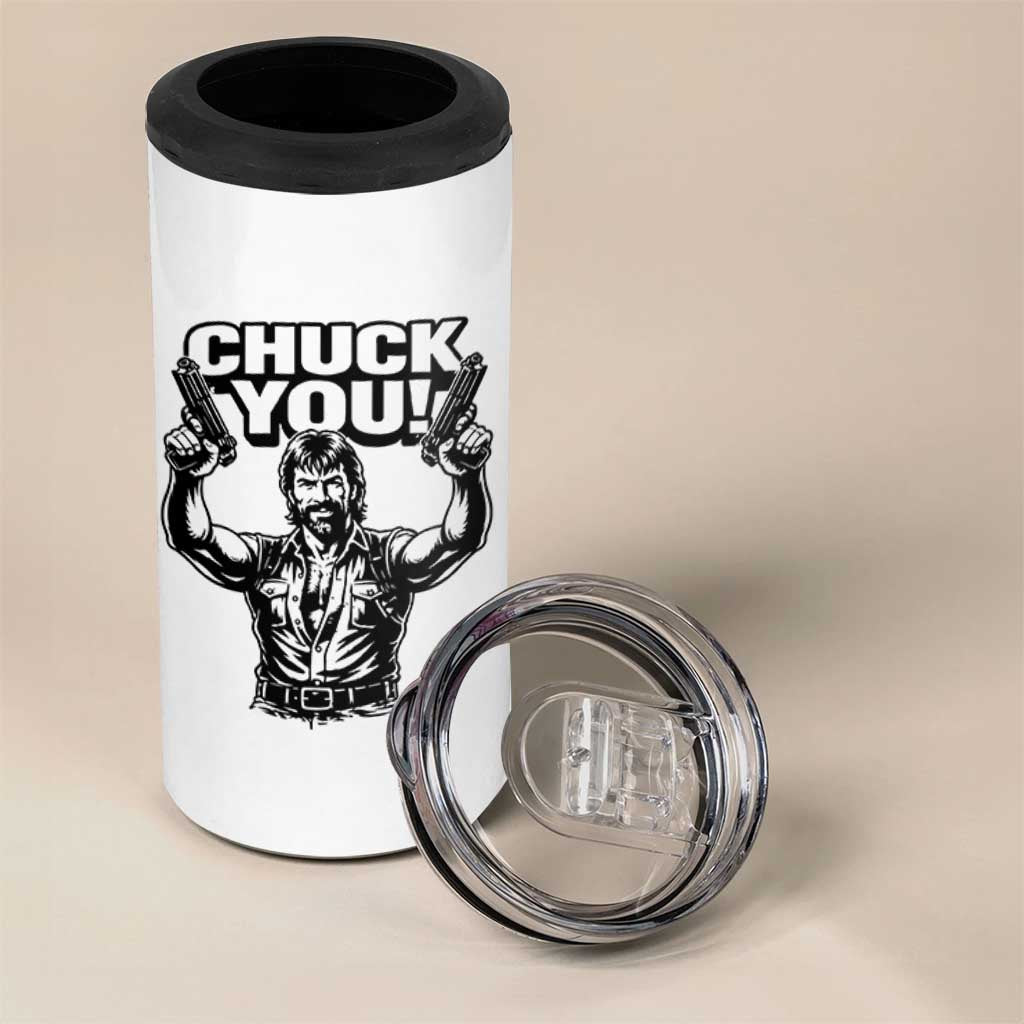Chuck You Funny Action Legend 4 in 1 Can Cooler Tumbler Tough Guy Meme Dual Guns Retro Humor for Patriotic Fans