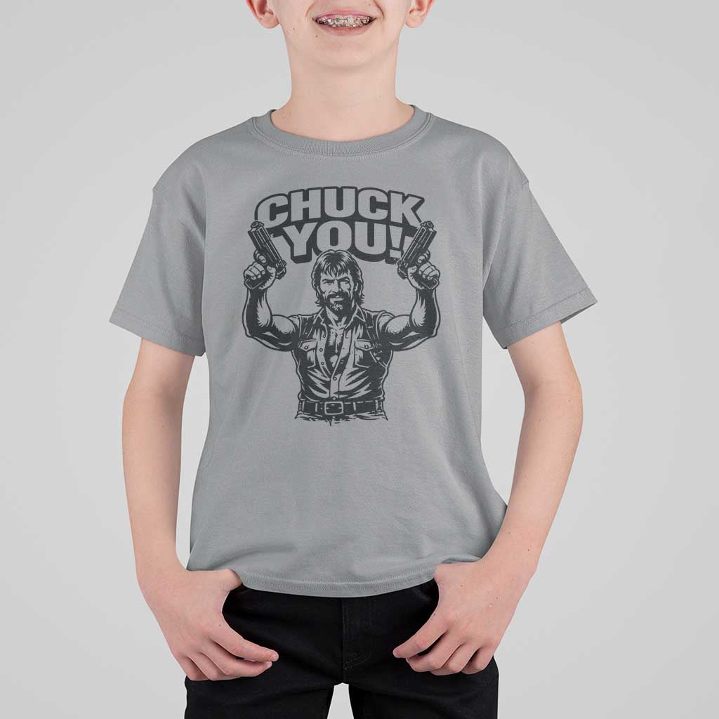 Chuck You Funny Action Legend T Shirt For Kid Tough Guy Meme Dual Guns Retro Humor for Patriotic Fans