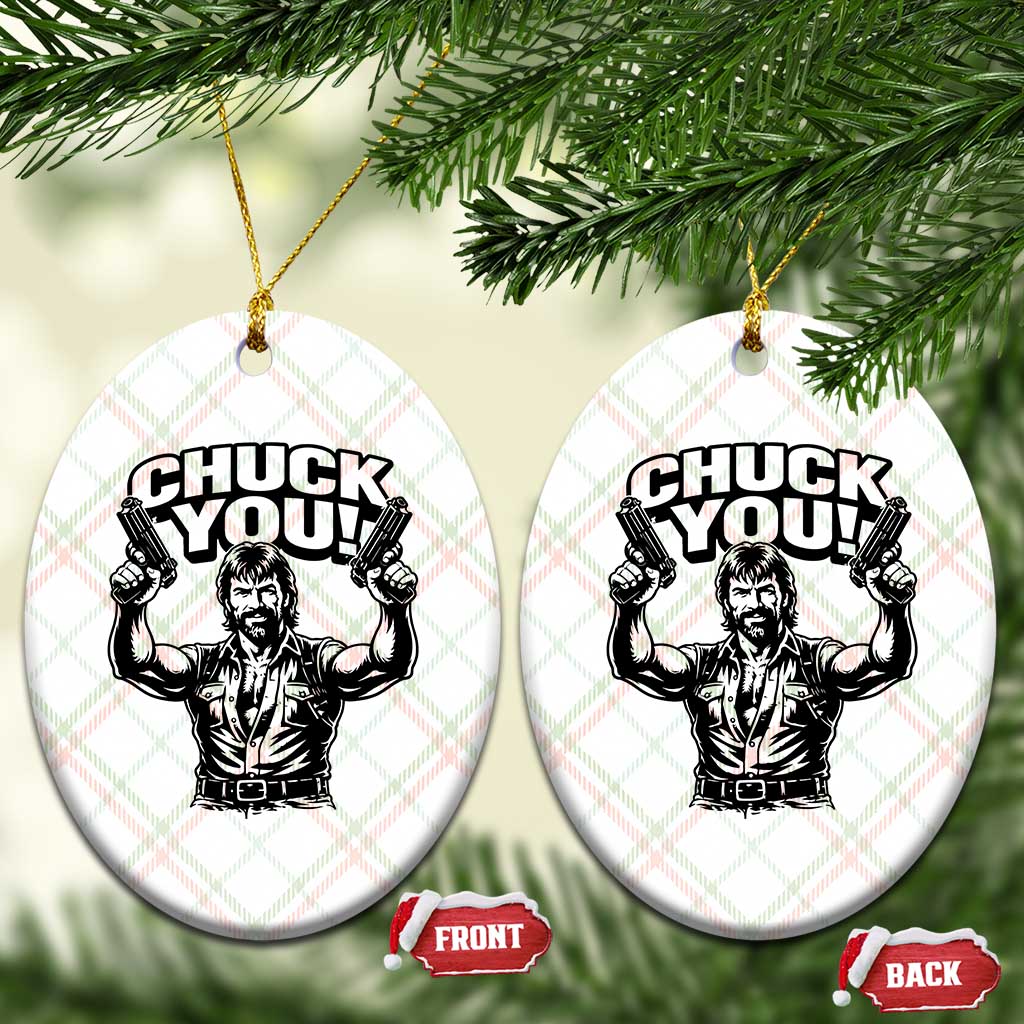 Chuck You Funny Action Legend Ceramic Ornament Tough Guy Meme Dual Guns Retro Humor for Patriotic Fans
