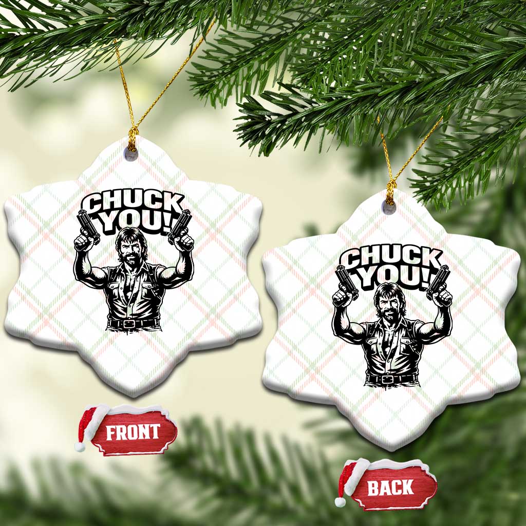Chuck You Funny Action Legend Ceramic Ornament Tough Guy Meme Dual Guns Retro Humor for Patriotic Fans
