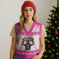 Chuck You Funny Action Legend V-Neck Knit Sweater Vest Tough Guy Meme Dual Guns Retro Humor for Patriotic Fans