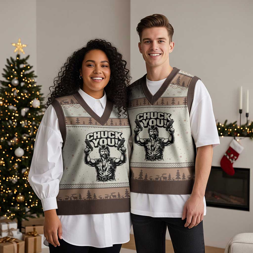 Chuck You Funny Action Legend V-Neck Knit Sweater Vest Tough Guy Meme Dual Guns Retro Humor for Patriotic Fans