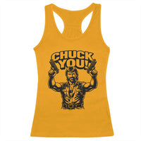 Chuck You Funny Action Legend Racerback Tank Top Tough Guy Meme Dual Guns Retro Humor for Patriotic Fans
