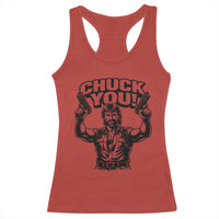Chuck You Funny Action Legend Racerback Tank Top Tough Guy Meme Dual Guns Retro Humor for Patriotic Fans