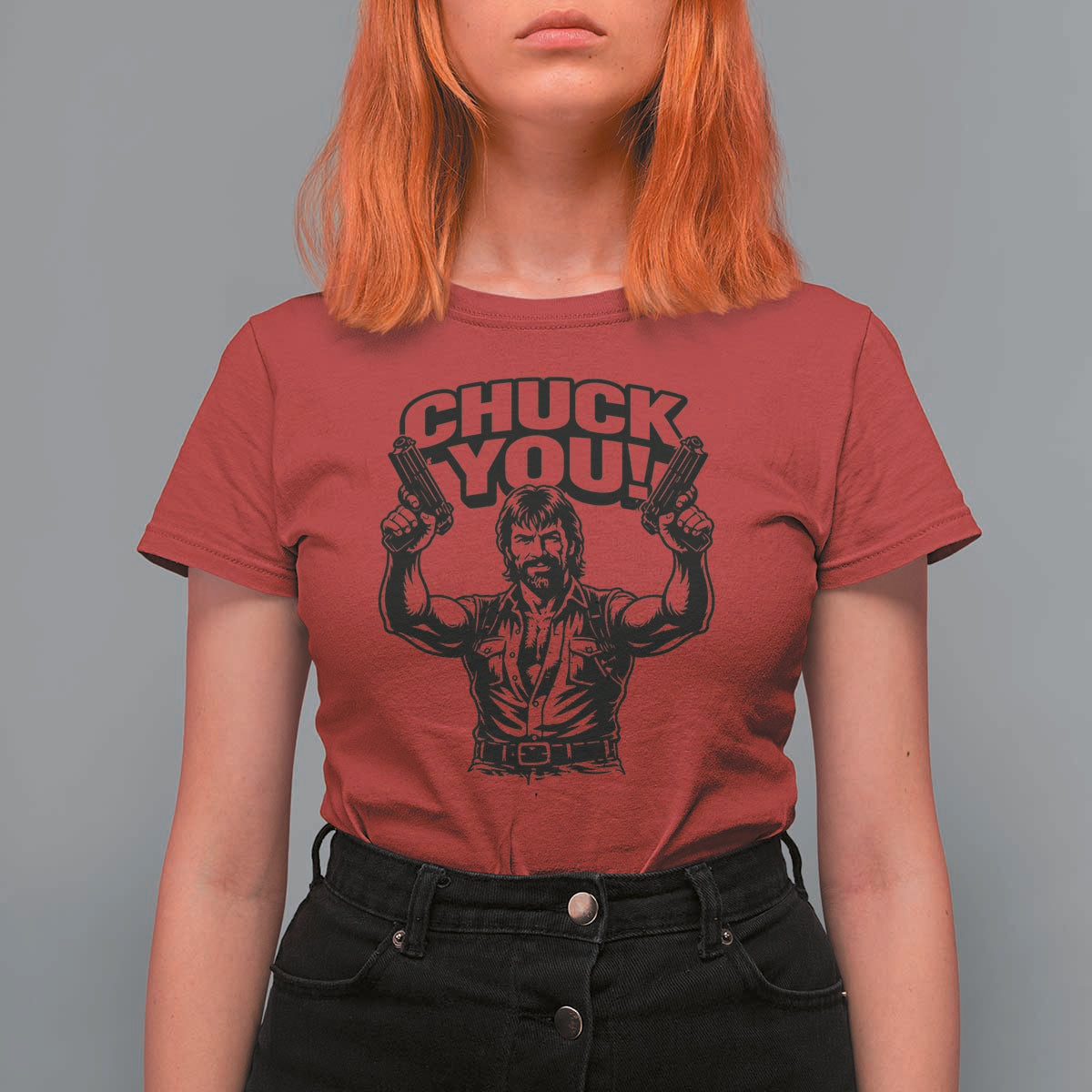 Chuck You Funny Action Legend T Shirt For Women Tough Guy Meme Dual Guns Retro Humor for Patriotic Fans