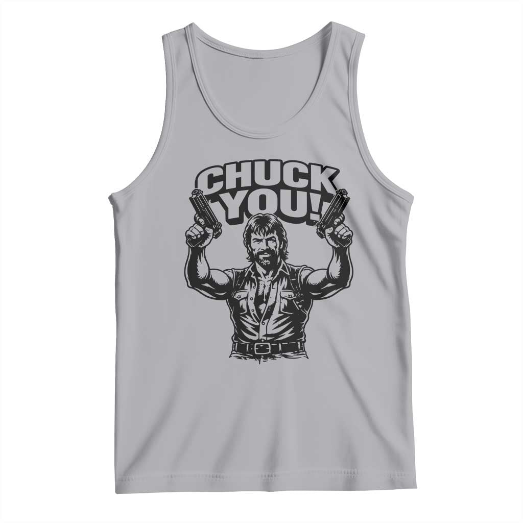 Chuck You Funny Action Legend Tank Top Tough Guy Meme Dual Guns Retro Humor for Patriotic Fans