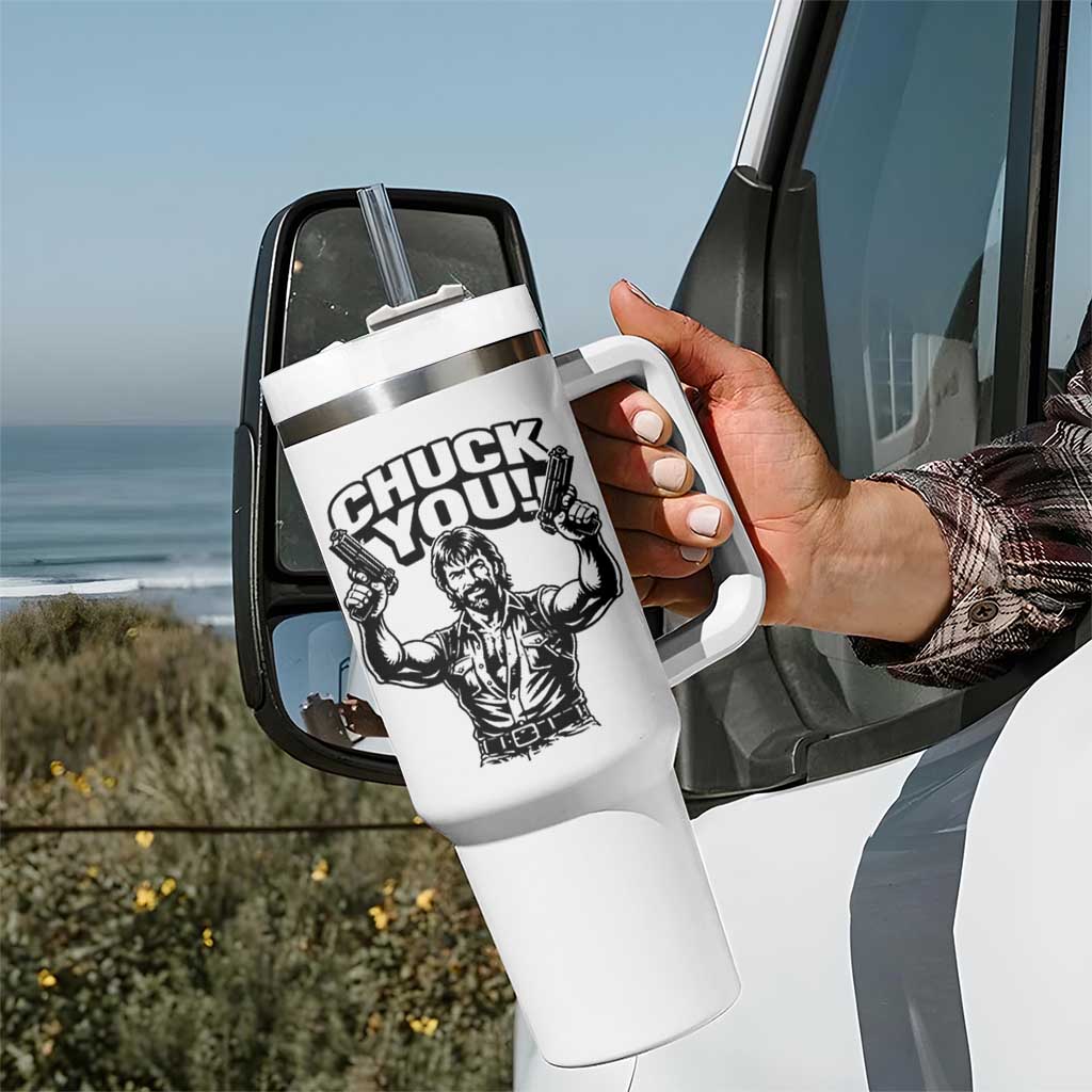 Chuck You Funny Action Legend Tumbler With Handle Tough Guy Meme Dual Guns Retro Humor for Patriotic Fans