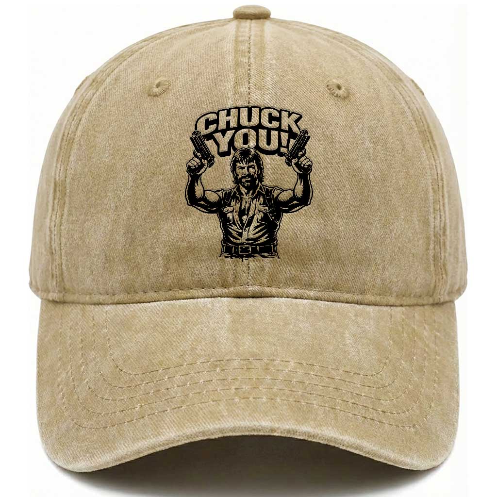 Chuck You Funny Action Legend Washed Cotton Baseball Cap Tough Guy Meme Dual Guns Retro Humor for Patriotic Fans