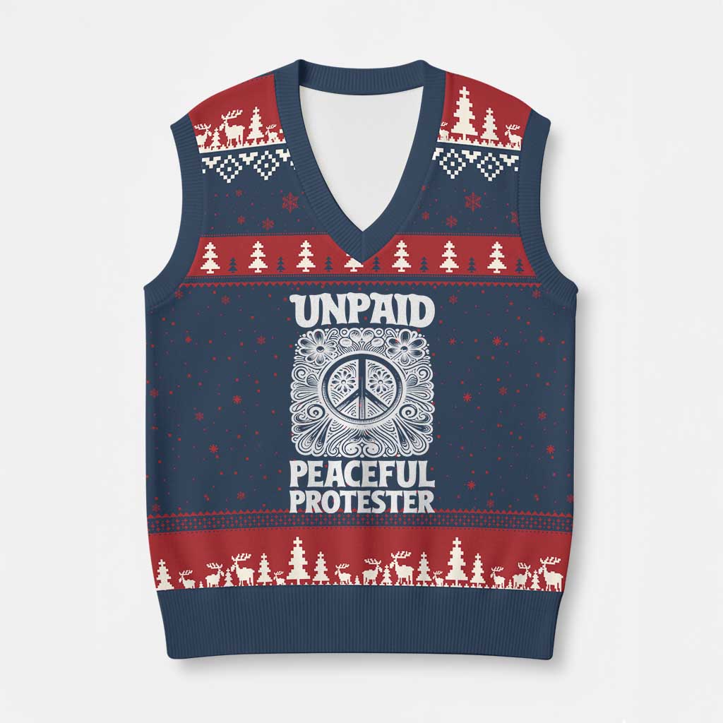 Unpaid Peaceful Protester Vintage Floral Peace V-Neck Knit Sweater Vest Hippie Style Activist Retro Anti War Boho Protest