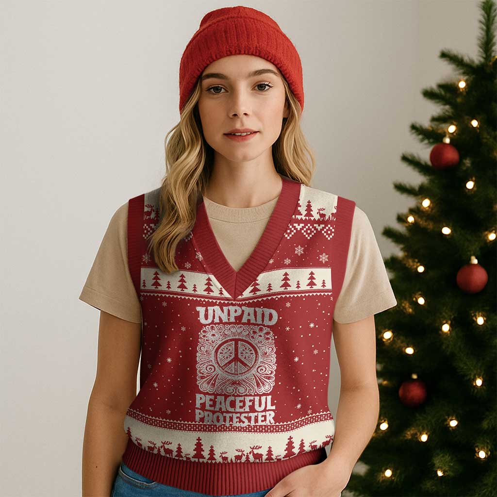 Unpaid Peaceful Protester Vintage Floral Peace V-Neck Knit Sweater Vest Hippie Style Activist Retro Anti War Boho Protest