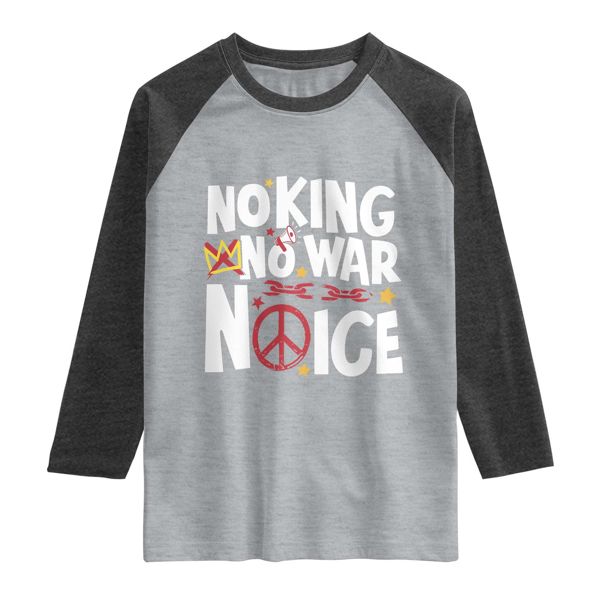 No Kings No Wars No Ice Bold Typography Raglan Shirt Peace Symbol Anti War Activist Human Rights