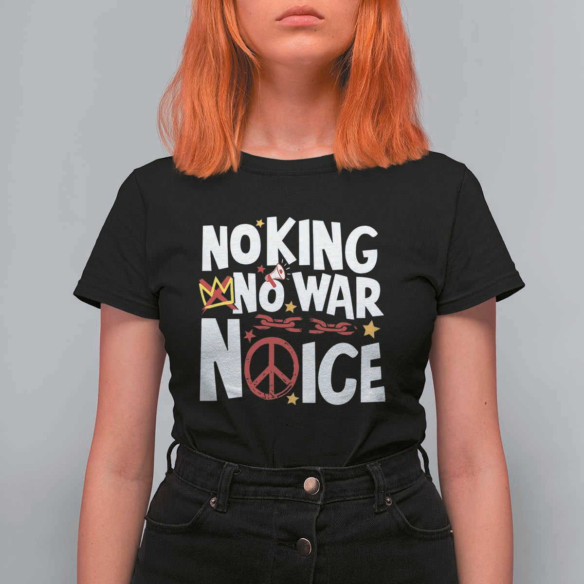 No Kings No Wars No Ice Bold Typography T Shirt For Women Peace Symbol Anti War Activist Human Rights
