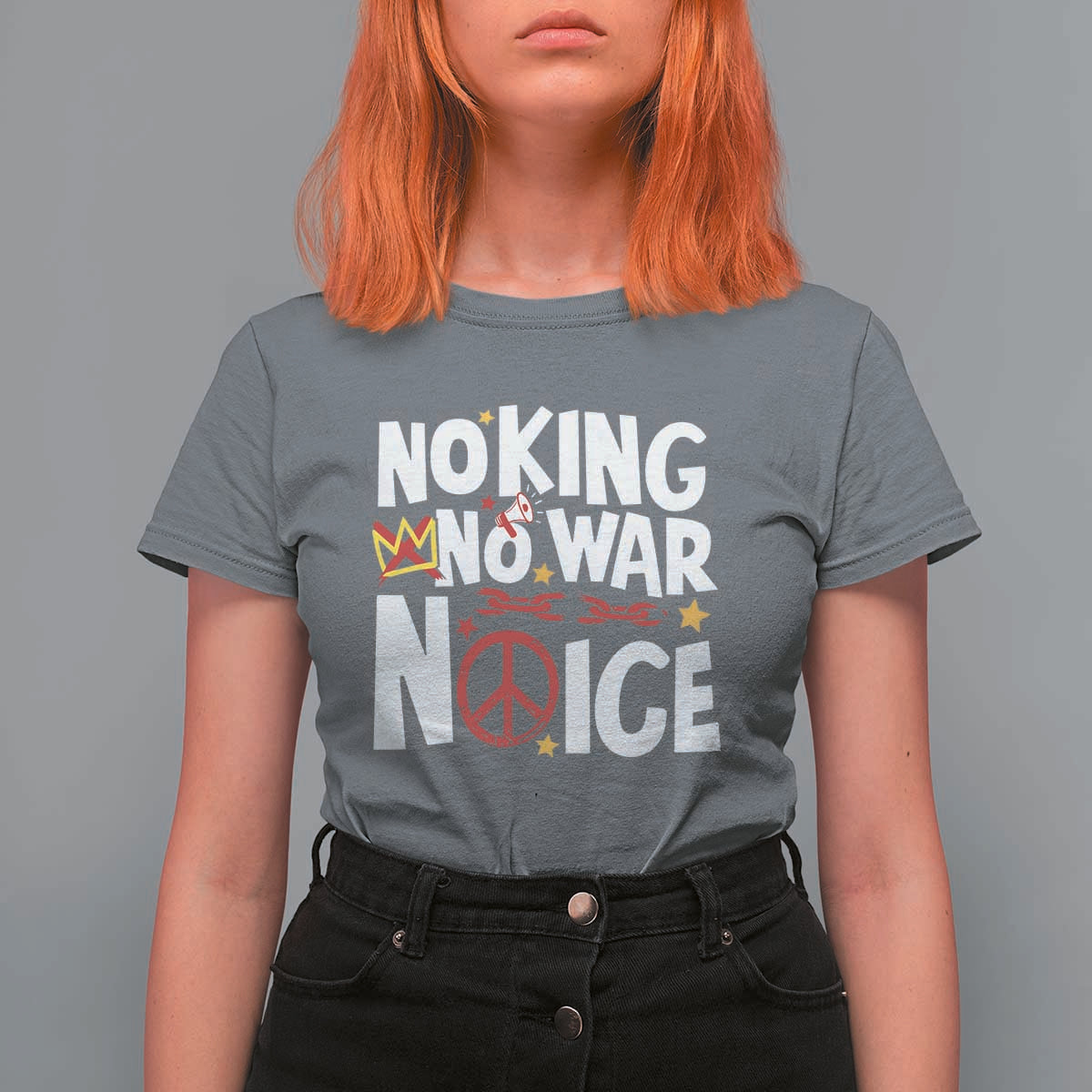 No Kings No Wars No Ice Bold Typography T Shirt For Women Peace Symbol Anti War Activist Human Rights