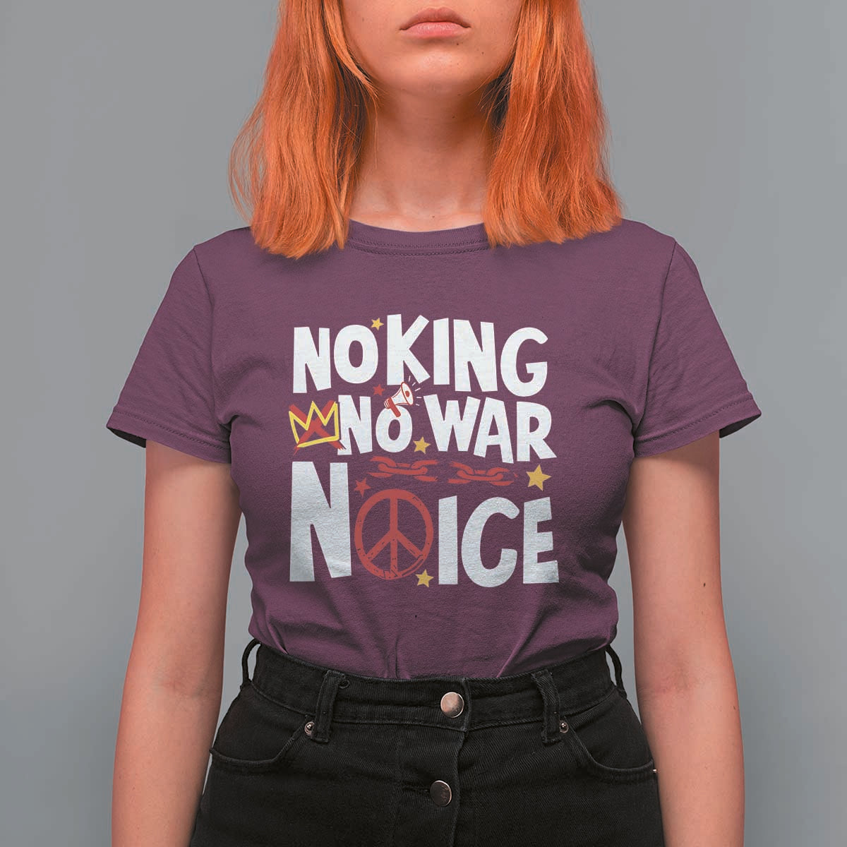 No Kings No Wars No Ice Bold Typography T Shirt For Women Peace Symbol Anti War Activist Human Rights