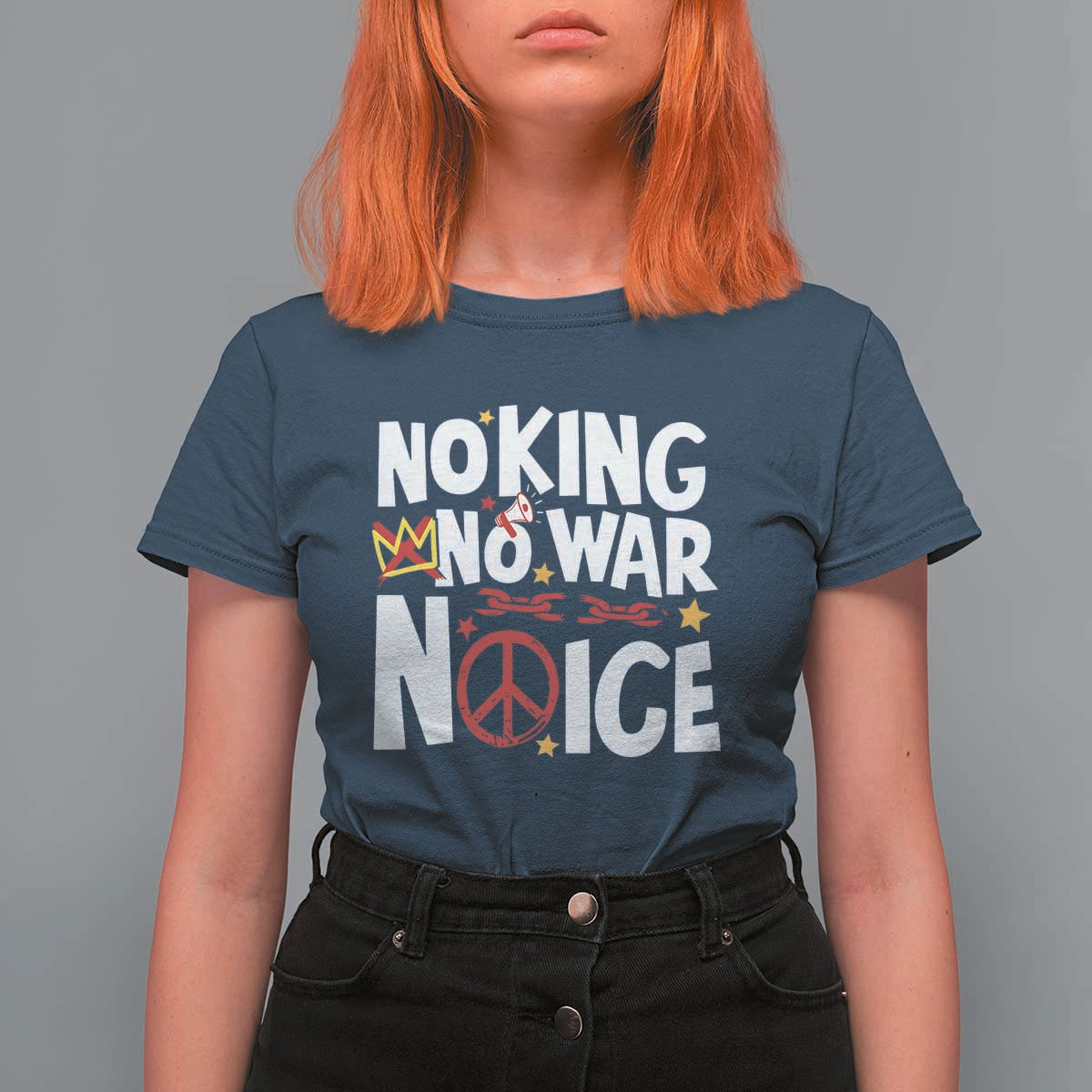 No Kings No Wars No Ice Bold Typography T Shirt For Women Peace Symbol Anti War Activist Human Rights