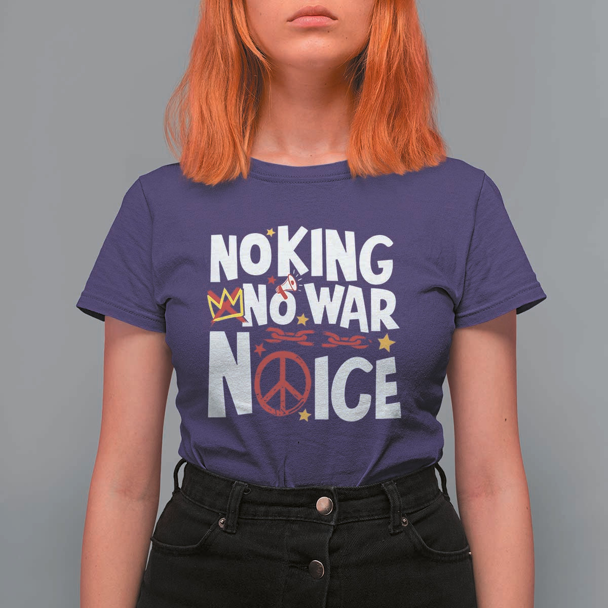 No Kings No Wars No Ice Bold Typography T Shirt For Women Peace Symbol Anti War Activist Human Rights