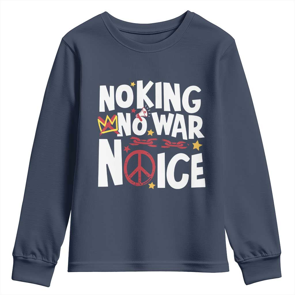 No Kings No Wars No Ice Bold Typography Youth Sweatshirt Peace Symbol Anti War Activist Human Rights