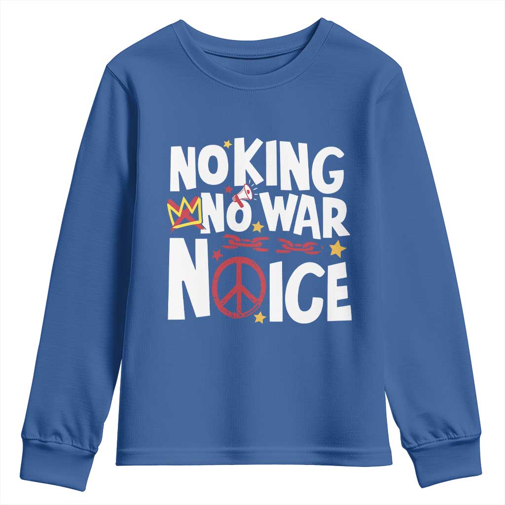 No Kings No Wars No Ice Bold Typography Youth Sweatshirt Peace Symbol Anti War Activist Human Rights