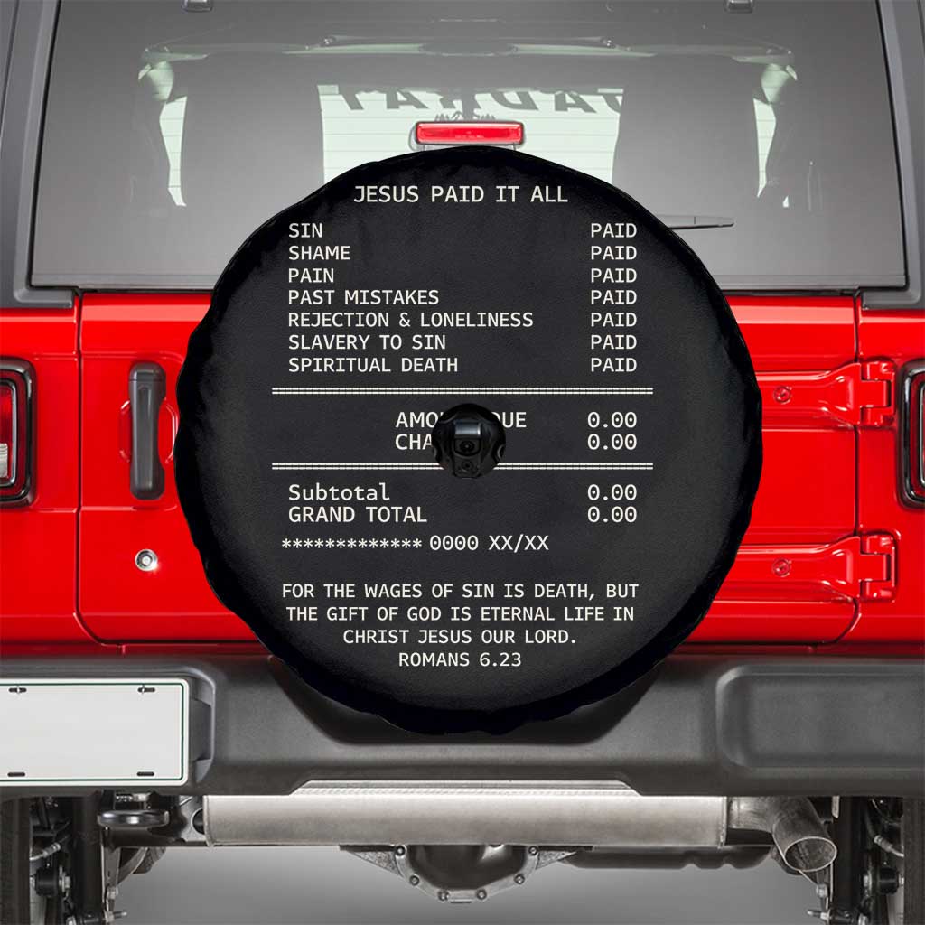 Jesus Paid It All Christian Receipt Spare Tire Cover Romans 6:23 Faith Message Sin Debt Inspirational Gift