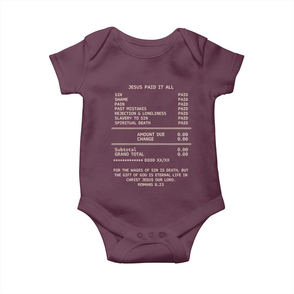Jesus Paid It All Christian Receipt Baby Onesie Romans 6:23 Faith Message Sin Debt Inspirational Gift