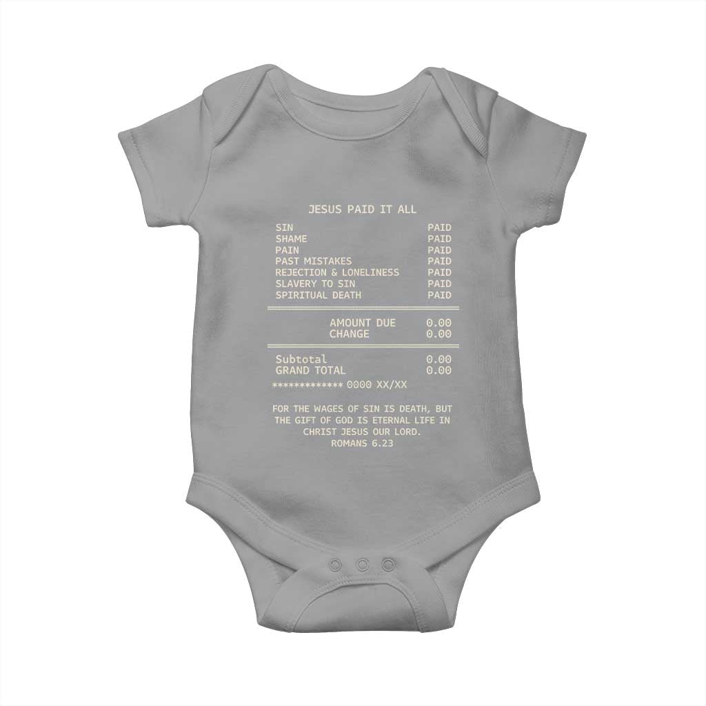 Jesus Paid It All Christian Receipt Baby Onesie Romans 6:23 Faith Message Sin Debt Inspirational Gift