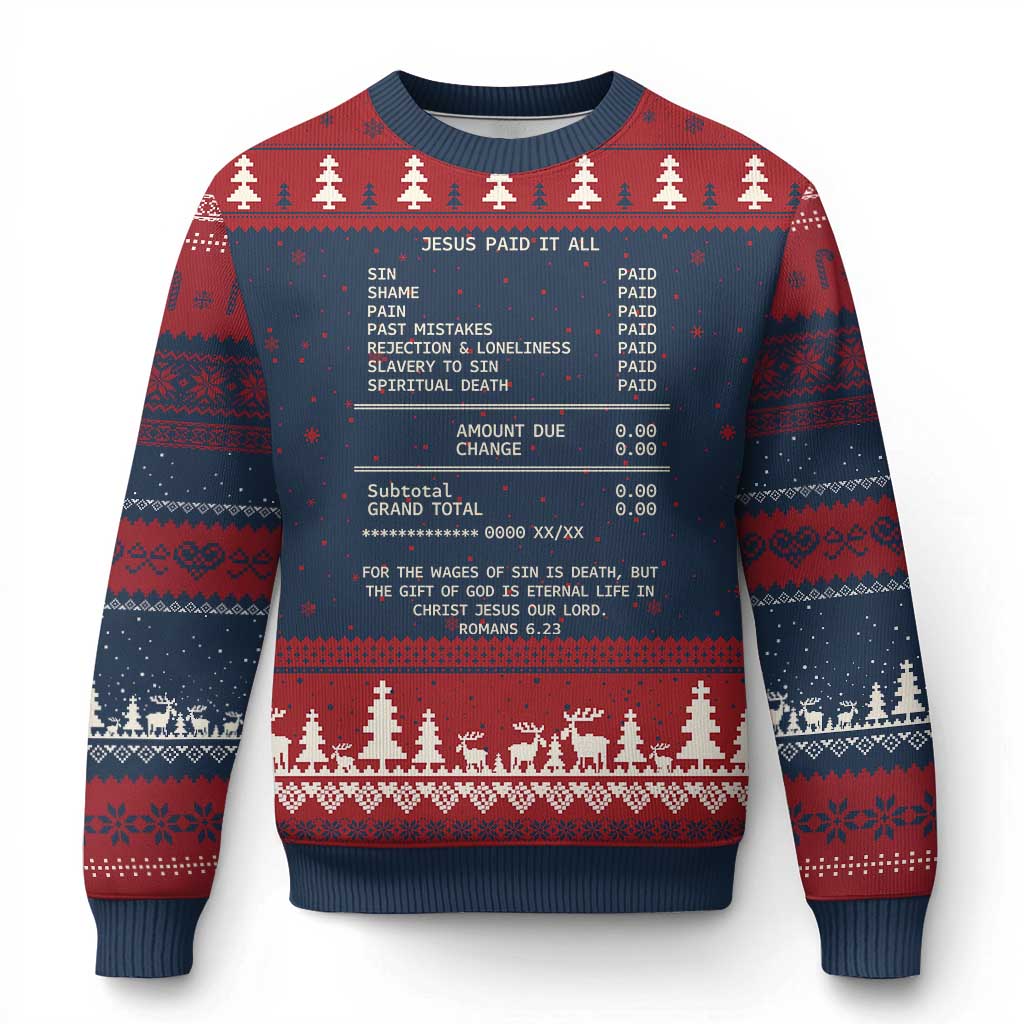 Jesus Paid It All Christian Receipt Ugly Christmas Sweater Romans 6:23 Faith Message Sin Debt Inspirational Gift