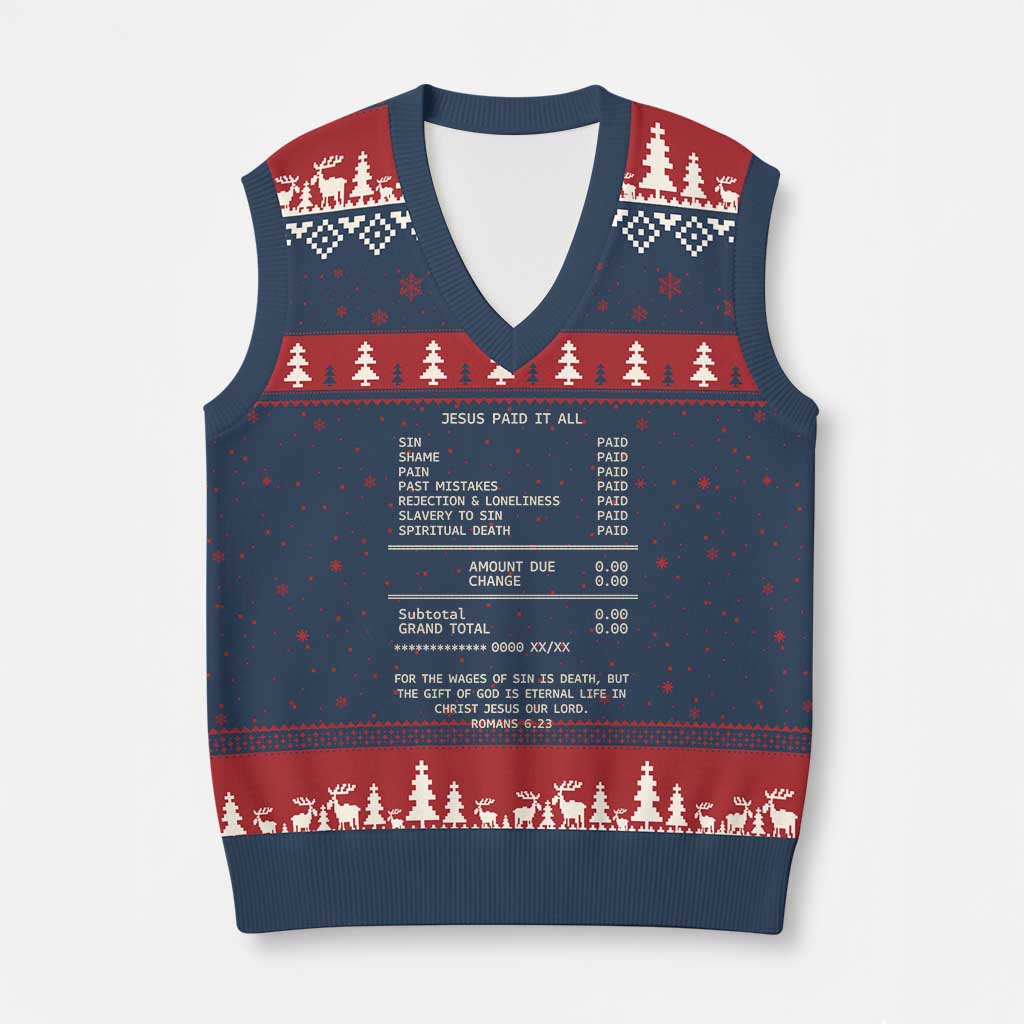 Jesus Paid It All Christian Receipt V-Neck Knit Sweater Vest Romans 6:23 Faith Message Sin Debt Inspirational Gift