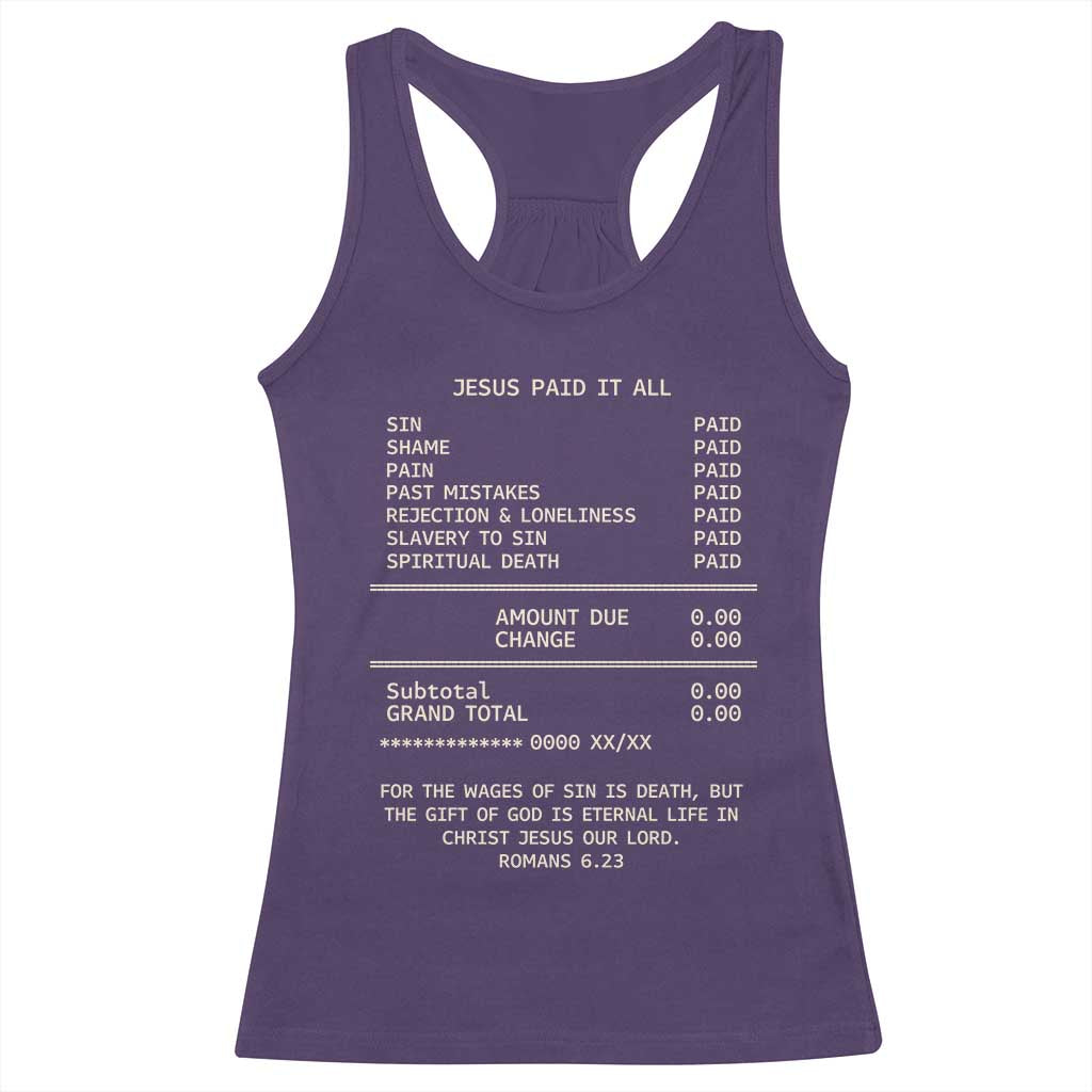 Jesus Paid It All Christian Receipt Racerback Tank Top Romans 6:23 Faith Message Sin Debt Inspirational Gift