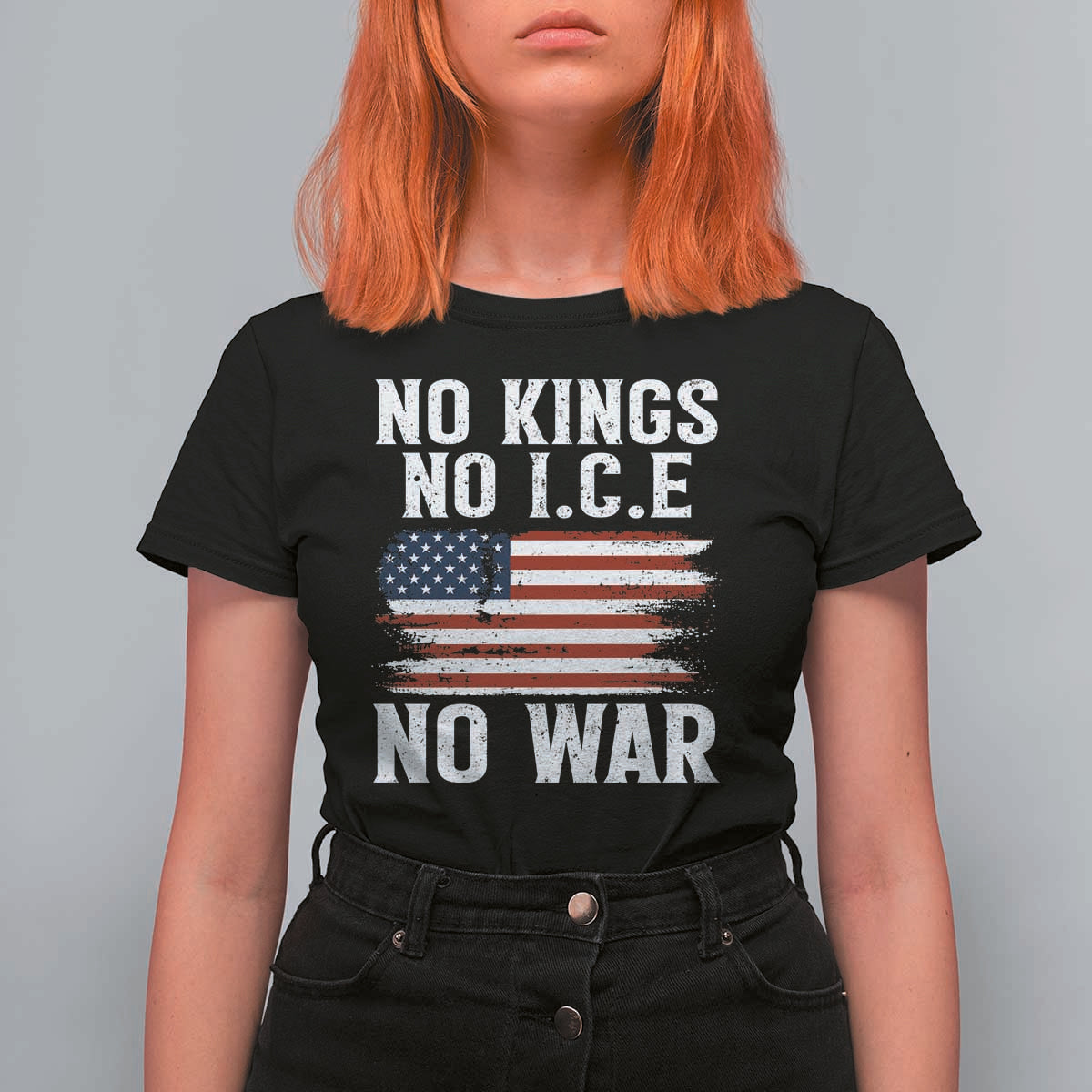 No Wars No Ice No Kings American Flag T Shirt For Women Patriotic Protest Anti War Human Rights