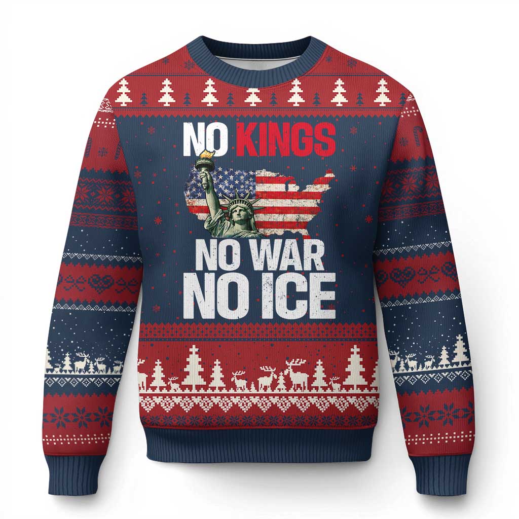 No Kings No Wars No Ice Statue of Liberty Ugly Christmas Sweater American Flag Patriotic Protest Freedom Democracy