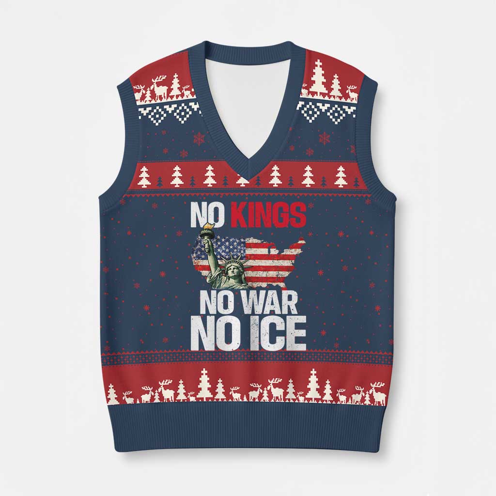 No Kings No Wars No Ice Statue of Liberty V-Neck Knit Sweater Vest American Flag Patriotic Protest Freedom Democracy
