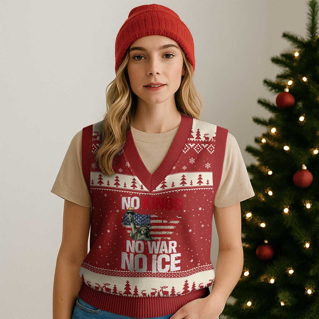 No Kings No Wars No Ice Statue of Liberty V-Neck Knit Sweater Vest American Flag Patriotic Protest Freedom Democracy