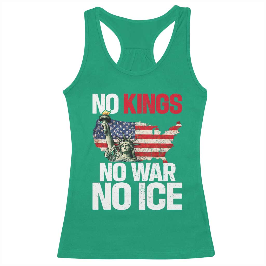No Kings No Wars No Ice Statue of Liberty Racerback Tank Top American Flag Patriotic Protest Freedom Democracy