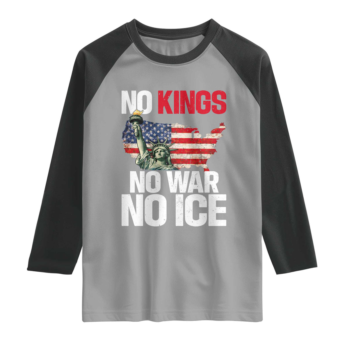 No Kings No Wars No Ice Statue of Liberty Raglan Shirt American Flag Patriotic Protest Freedom Democracy